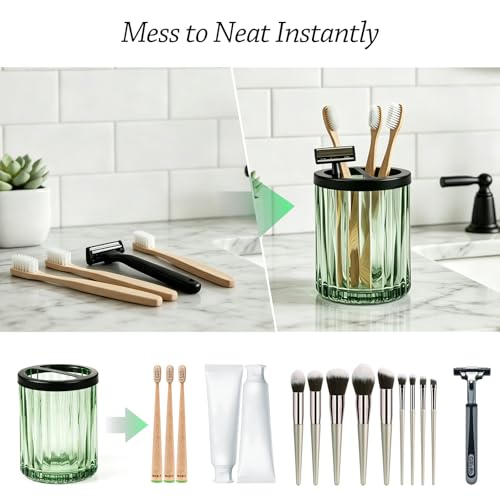 8oz Toothbrush Holders for Bathrooms, Green Striped Toothbrush Cup, Green | Bathroom Tumbler and Mouthwash Cup with Black Divider, Tooth Brush and Toothpaste Organizer for Countertop - color: Green