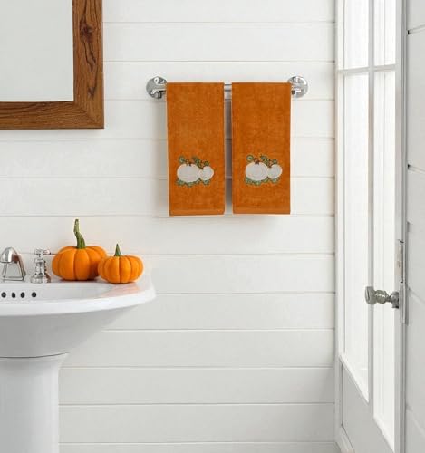 Serafina Home Harvest Fall Bathroom Guest Hand Embroidered Towels 2 Pc Set: Pumpkin Leaf Appliqué Design Bath Plush Rust Orange Towels, 100% Cotton, 16" x 25" Inches, Oeko-TEX Certified - color: Rust Pumpkins