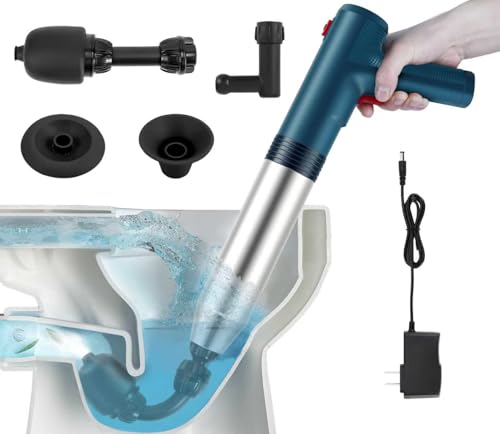 Electric Toilet Plunger High Pressure Electric Air Drain Blaster Gun with Visual Barometer,Air Power Plunger for Bathroom,Kitchen Bathtub Toilet Floor Drain Clog Remover-Blue - color: Blue