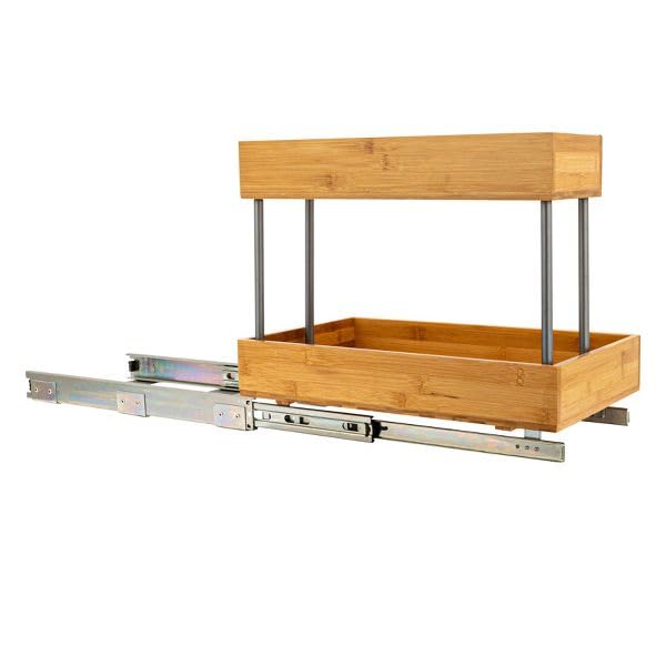 Bamboo and Chrome 2-Tier Pull-Out Storage Organizer - Slide-Out Under-Sink Cabinet Drawer, 18” D x 11.5” W x 15.5” H, 33 lbs Weight Capacity, 1-Pack