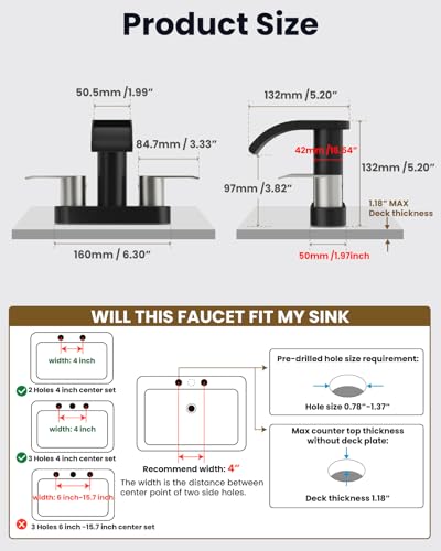 gotonovo 4’’ Centerset Bathroom Sink Faucet Waterfall Black&Brushed Nickel | SUS304 Bathroom Faucet,2.17’’ Wide Spout,24’’ cUPC Water Line,Pop up Drain,2 Handle,Basin,Vanity,RV,Lavatory 2 or 3 Hole Sink - color: Black&Nickel