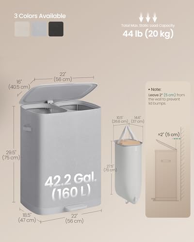SONGMICS Laundry Basket with Lid, 42.2 Gallons, 2-Compartment Laundry Hamper with Handle and Pedal, Removable Liner, Easy Assembly, 22 x 18.5 x 29.5 Inches, Dove Gray ULCB832G101 - color: Dove Gray