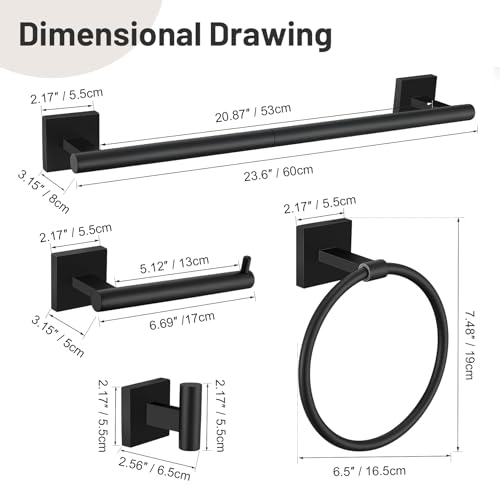 Lairuier 10-Piece Matte Black Bathroom Accessories, Towel Bar Set | Bathroom Hardware Set Includes SUS304 23.6" Towel Bar, Towel Ring, Toilet Paper Holder and Towel Hooks Wall Mounted - color: Black, size: 10 Pieces - Extended