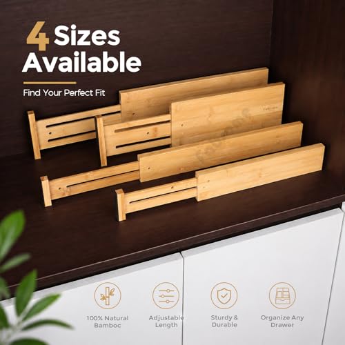 Fabsome Drawer Divider 6 Pack, Bamboo Kitchen Dividers Organizers Adjustable 17''-22'', Wooden Dresser Separators for Nursery Organization Clothes Socks Underwear Baby Clothing, with Soft Foam Ends - size: For 17-22in deep drawers inner size