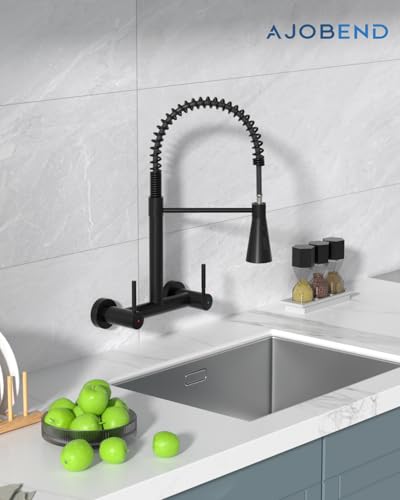Matte Black Wall Mount Kitchen Sink Faucet 2 Handles, 8 Inch Center Wall Commercial Utility Sink Faucet with Pull Out Sprayer 3 Modes, Stainless Steel - color: 2-Handle-Black, style: Wall Mount