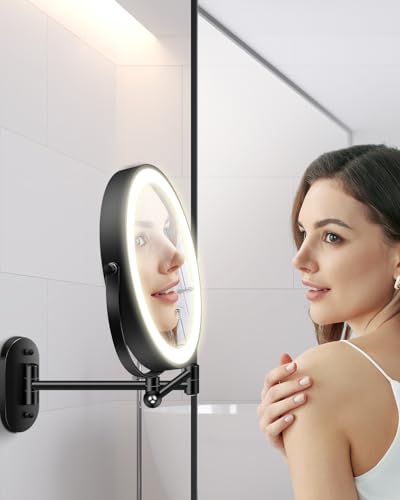 20X 9" Wall Mounted Magnifying Makeup Mirror with Light Height Adjustable | 5000mAh Double Sided Rechargeable LED Lighted Vanity Mirror with Magnification 3 Color Light up Extended Arm 360 Rotation - color: 9inches-black