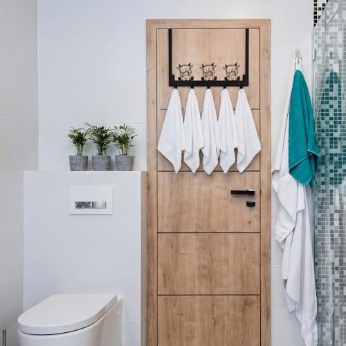 Kathfly Rustic Highland Cow Over the Door Hooks Towel Hooks Heavy Duty Hanging Towel Rack Over Door Hanger, 5 Coat Hanger for Bedroom Bathroom Kitchen - color: Black, style: Rustic Highland Cow