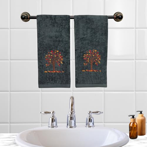 Serafina Home Harvest Fall Bathroom Guest Hand Embroidered Towels 2 Pc Set: Autumn Tree Design Bath Plush Grey Gray Towels, 100% Cotton, 16" x 25" Inches, Oeko-TEX Certified - color: Autumn Tree Grey