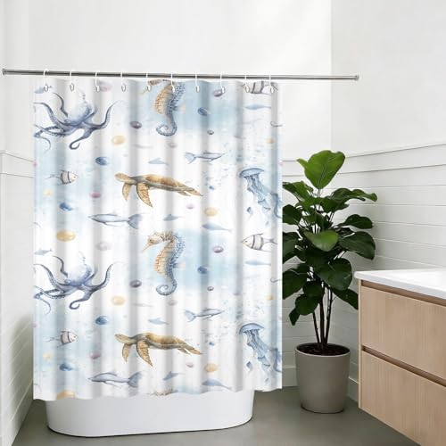 Yeele Ocean Creatures Watercolor Shower Curtain, Turtle Octopus Blue Print Shower Curtain, Waterproof Machine Washable Fabric Bath Curtain 54x72 Inch with Grommets and Hooks - color: Blue 1, size: 54"Wx72"L