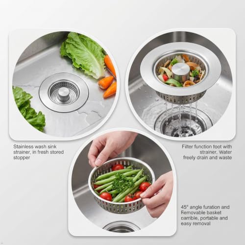 Kitchen Sink Drain Strainer and Stopper Combo, 304 Stainless Steel, 4.25 Inch, Detachable Basket, 2 Pack
