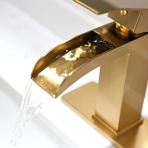 Waterfall Bathroom Faucet Gold - Single Handle Sink Faucets Bathroom 1 Hole Or 3 Hole for 4In | Modern Solid Vanity Faucet with Deck Plate & Overflow Pop Up Drain Brushed Gold - color: A-Brushed Gold