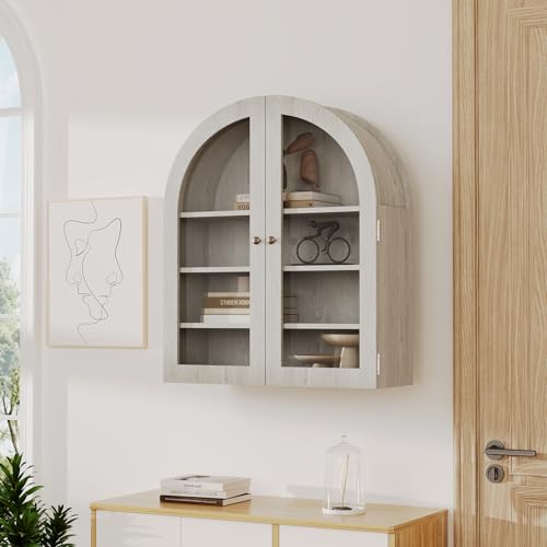 Garvee Arched Bathroom Wall Cabinet with Acrylic Double Doors, 24" Farmhouse Medicine Cabinet with Adjustable Shelf, Wall-Mounted Wood Storage Cabinet Over The Toilet for Bathroom, Kitchen, Gray - color: Grey