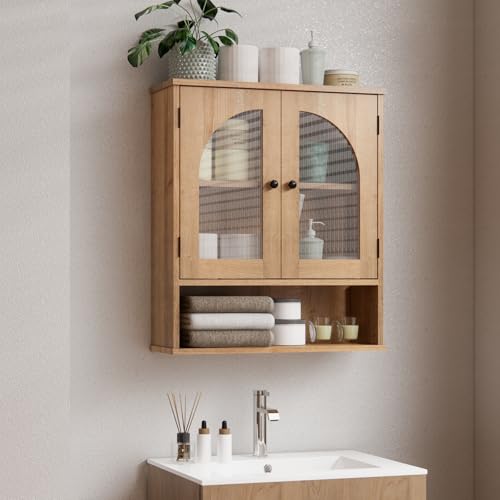 Bathroom Cabinet Wall Mounted with Tempered Glass Doors,Wooden Medicine Cabinet with Adjustable Shelf Open Shelf,Over Toilet Space Saver Storage Cupboard Natural Oak - color: Natural Oak