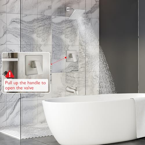 Heyalan 6 Inch Shower Set with Tub Spout and Valve,Brushed Nickel | 6-inch square rainfall head, tub spout with diverter, male-thread rough-in valve, single-handle control and wall-mount design - color: Brushed Nickel, size: 6 Inch Square Shower Head