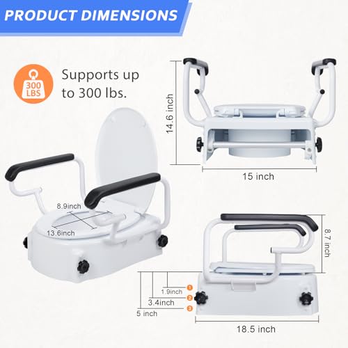 5'' Round Raised Toilet Seat with Handles, Adjustable Height | 3 Adjustable Heights (1.9/3.4/5'')|Fits Standard Round Toilets|with Lid|300lbs|Flip-up Armrests|for Seniors Post-surgery