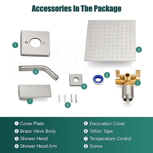 Heyalan 8-Inch Square Rain Shower Faucet Set with Valve, Brushed Nickel | SUS304 stainless steel shower head, male NPT 1/2-inch valve, single-handle control, adjustable angle, 1.8 GPM - color: Nickel