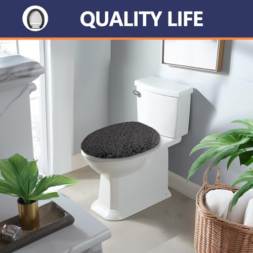 Soft Microfiber Toilet Lid Cover 17.5" x 15" Machine Washable | Solid Toilet Seat Cover Adjustable Rubber Backing Fits Most 16 -17.5" L x 14-16" W Round Oblong and Elongated Toilet Seat - color: Dark Grey