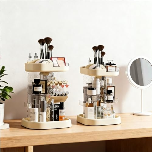 360 Spinning Rotating Makeup Organizer for Vanity with Adjustable Trays Lipstick Earring Storage Makeup Desk Storage Carousel Rack, Cosmetic Display Cases for Dresser Bathroom Holder (Cream)