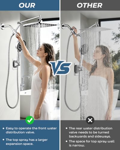 Shower Head with Handheld,High Pressure Chrome Rain Shower Head | Regaderas Para Shower,11.8" Rectangular,Rainfall Shower Head,Dual Shower Head,Bathroom Decor,Extension Arm,7 Spray Mode - color: B-Chrome, style: Rectangular 12"