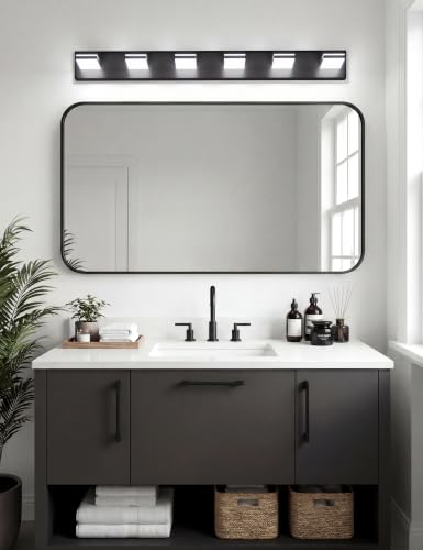 VOLISUN Modern Bathroom Vanity Light Fixtures (6-Light, 48-Inch), 5CCT Dimmable Lighting Fixtures Over Mirror, 360 Rotatable Head, Black LED Vanity Lights - color: Matte Black-5CCT, size: 48-Inch