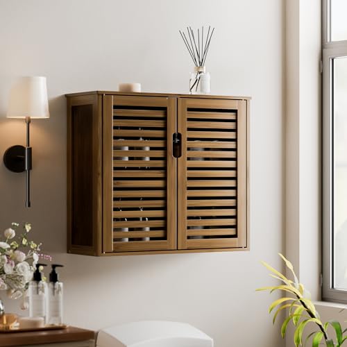 HITNET Medicine Cabinet, Bathroom Storage Cabinet Wall Mounted, Over the Toilet Space Saver Organizer with Doors and Bamboo Shelves, Walnut - color: Walnut