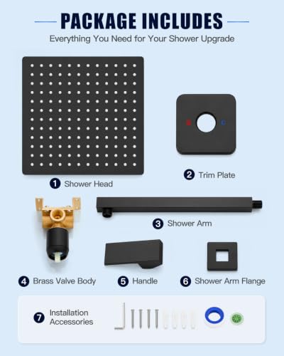 Heyalan 12 Inch Square Rain Shower Faucet Set with Valve, Matte Black | Female-thread 1/2-inch NPT connections, SUS304 shower head, brass rough-in valve, single-handle control Shower Set - color: Black, size: 12 Inch Square Shower Head