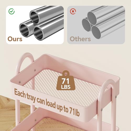 MIOCASA 3-Tier Metal Utility Rolling Cart, Heavy Duty Multifunction Cart with Lockable Casters, Easy to Assemble, Suitable for Office, Bathroom, Kitchen, Garden - style: Pink