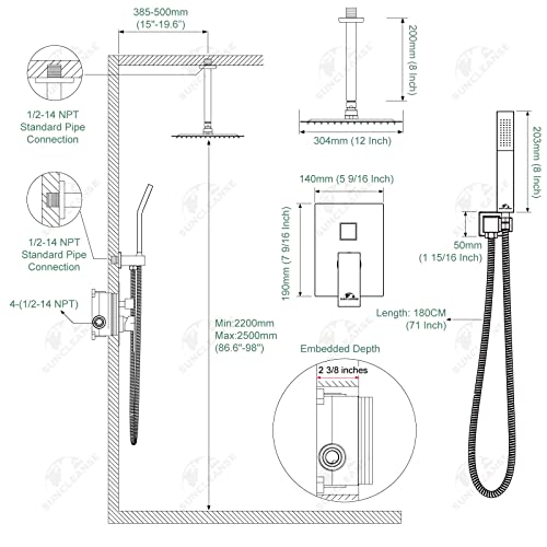 SunCleanse Rainfall Shower System with High Pressure in Brushed Gold | Ceiling mounted shower combo set featuring a 10" square rain head, handheld spray, and rough-in mixer valve with trim. - color: Brushed Gold, style: 10-ceiling
