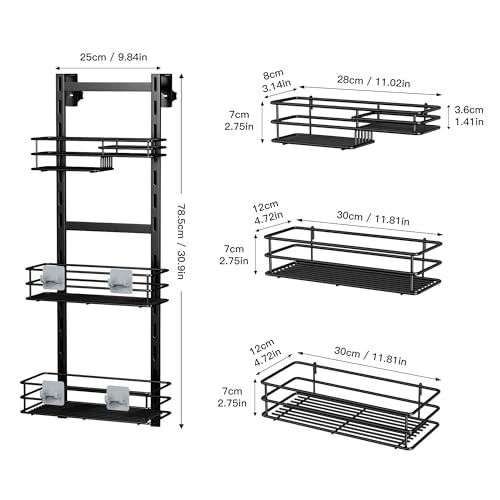 Orimade Over The Door Shower Caddy Adjustable 3 Tier Black,Bathroom Hanging Organizer Shelf Rustproof with 4 Hooks,Shower Basket with Soap Holder and Suction Cup - color: Black-3T