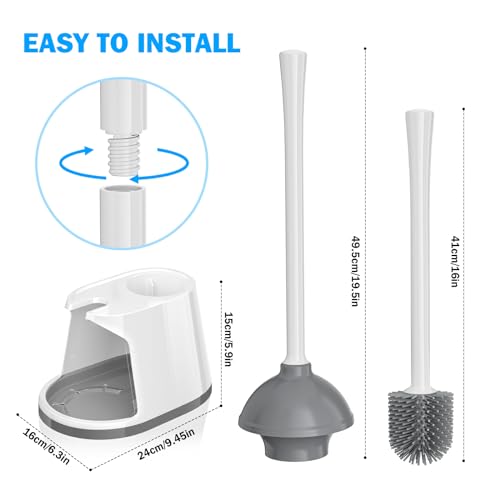 Toilet Plunger and Brush Set, 2 Pack Silicone Bowl Brush and Heavy Duty Toilet Plunger with Ventilated Holder, 2-in-1 Toilet Brush and Plunger Combo for Bathroom Deeply Cleaning (White & Grey)