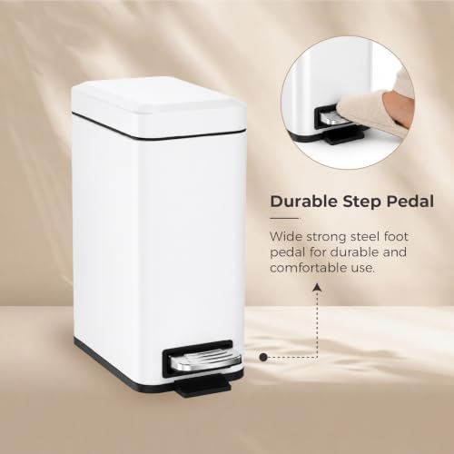 Sineng Bathroom Trash Can with Lid Soft Close, 1.6 Gallon Stainless Steel Small Pedal Garbage Can with Removable Inner Bucket, Waste Bin for Kitchen Bedroom, Compact Toilet Trash Bin, White - color: white