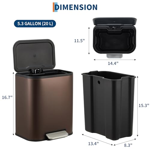 GarveeHome Brown Kitchen Trash Can, 5.3 Gal Stainless Steel Garbage Can | Soft Close Lid, Foot Pedal & Removable Inner Bucket, Rectangular Step On Waste Bin for Office Bedroom - color: Brown, size: 20 L