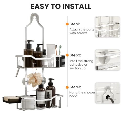 Shower Caddy Hanging 2-Tier Shower Organizer for Tall Showerhead,Rustproof Over Shower Head Rack,No Drill Bathroom Shower Caddy with Soap Dish,Toothbrush Holder and Hooks,Silver - color: Upgraded Silver