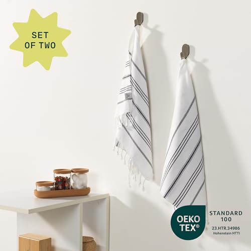 WETCAT Turkish Hand Towels with Hanging Loop, Set of 2 (20" x 30") 100% Turkish Cotton, Pre-Washed, Quick Drying, for Kitchen or Bathroom - Black & White - color: Black & White
