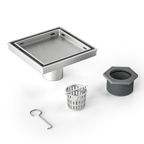 Square Shower Drain, 304 Stainless Steel Floor Drain 6" | with Tiled Insert Grate & Hair Strainer, Bathroom 2-in-1 Tiled in Drain, CUPC Certified - color: Brushed, size: 6''