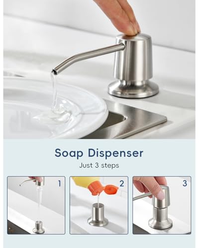 3 Holes Kitchen Sink Faucets with Pull Down Sprayer and Soap Dispenser, 2 Holes Brushed Nickel Sink Faucet for Kitchen by DAYONE, Single Handle High Arc, DAY-279BN - color: Brushed Nickel, style: 3 Holes