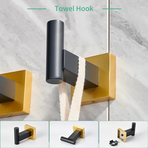 Miyili 4-Piece Bathroom Hardware Kit Set Stainless Steel Wall Mount - Includes Double Towel Bar, Hand Towel Rack, Toilet Paper Holder, Robe Hook, Black & Gold, BS02BG4 - color: Black & Gold