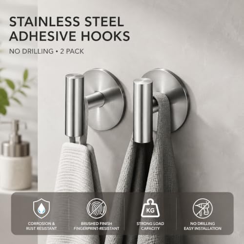 2 Pack Waterproof Adhesive Tissue Wall Hooks, Sticky Mount Hooks for Towel, Robe, Clothes-Silvery - color: Silvery