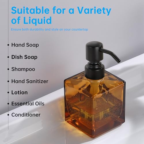Square Bathroom Soap Dispenser Amber Bottle with Black Pump, Retangle Cube 8.4 oz Glass Bottles with Stainless Steel Pump Hand Liquid Soap Dispenser Kitchen - color: Amber Bottle + Black Pump
