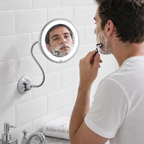 Mirror LED Lighted Mirror with Suction Cup Rotating Magnifying Makeup 10x Magnification and Adjustable Angle, 360° Free Rotation Design for Makeup in Dark or Poorly Lit Bathroom