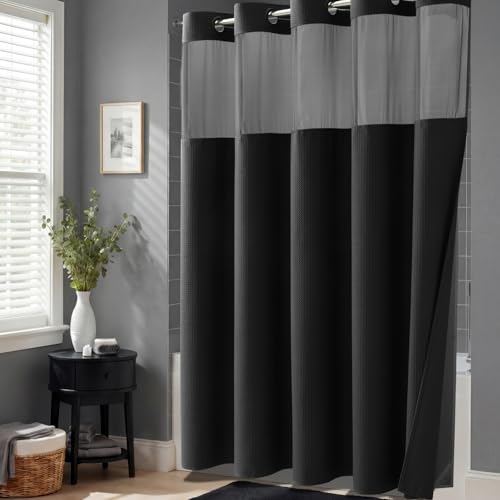 Black Hook Free Waffle Shower Curtain & Snap-in Fabric Liner,72x87 | Less Time to install, 3 in 1 Fabric Shower Curtain and Liner Set with Magnets, Extra Long, Shower Curtains for Bathroom - color: A Black, size: 72"W x 87"L (Pack of 1)