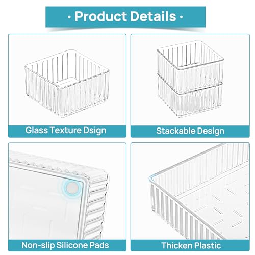 Vtopmart 7 PCS Clear Makeup Drawer Organizers Bins, 4-Size Stackable Makeup and Vanity Organizer Trays, Acrylic Bathroom Storage Containers for Cosmetic, Toiletries, Office Supply, Utensils, Gadgets | Vanity Organizer Trays for Makeup, Cosmetics, Jewelry,