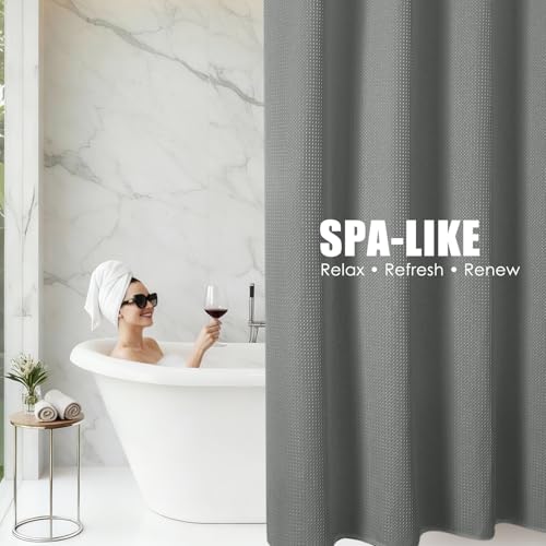 Waterproof Waffle Shower Curtain, 260GSM Heavy Duty Fabric with 12 Stainless Steel Hooks, Luxury Hotel Spa Style for Bathroom, Machine Washable, 72 x 72, Grey - color: Waffle-grey