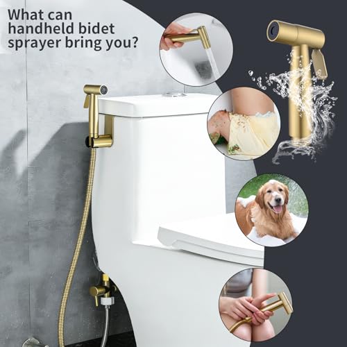 Brushed Gold Handheld Bidet Sprayer for Toilet, Stainless Steel Cloth Diaper Sprayer Kit with Solid Brass T-Valve, Adjustable Water Pressure Bidet Attachment - color: Brushed Gold, size: 1 Set