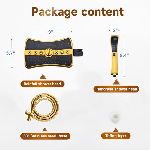 BRIGHT SHOWERS Dual Shower Head with Handheld, High Pressure Rainfall Shower Head Combo, 60-Inch Stainless Steel Hose, Brushed Gold - color: Brushed Gold, size: 1.8 Gallon Per Minute