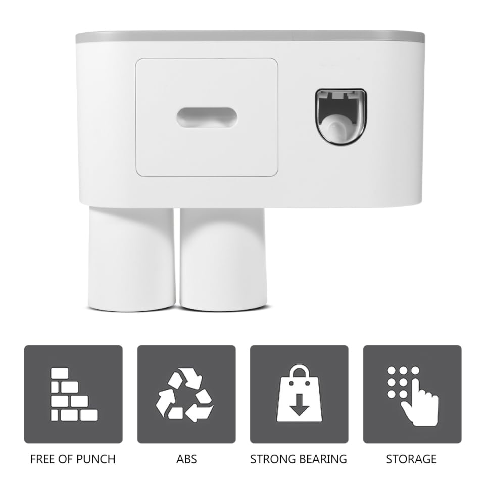Wall Mounted Toothbrush Holder Set with Toothpaste Dispenser 2 Cups Punch Free Bathroom Toothbrush Organizer Rack Overhang Gargle Rack for Bathroom Storage