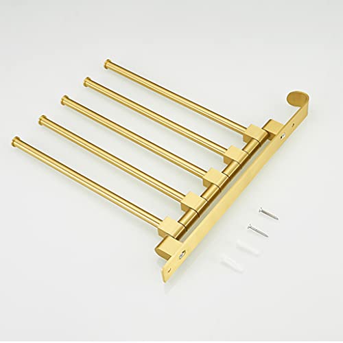 ZHOUXIAO Gold Swing Out Towel Bar Holder/Gold Finish Swivel Multiple Towel Rack for Bathroom or Kitchen, Metal Towel Bar Folding Arm Swivel Hanger Bathroom Storage Wall Mount 5Bars