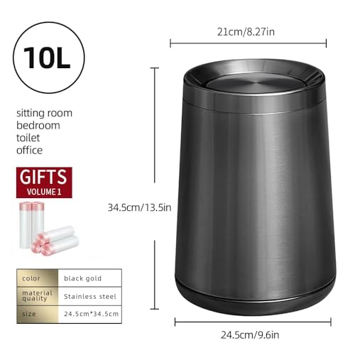 10 L/2.6Gallen,Swing Lid Trash Can,Brushed Stainless Steel Garbage Can with Flipping Lid,for Bathroom, Kitchen,Living Room,Bedroom,Hotel (Black Gold) - color: black gold