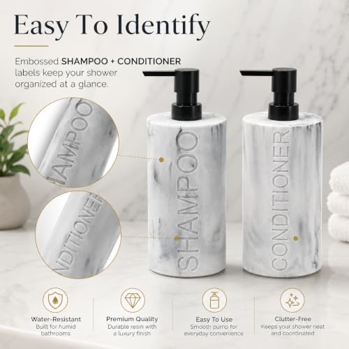 Marble Resin 2 Piece Shampoo and Conditioner Dispenser Set, Luxurious Refillable Pump Bottles with Matte Pump Top and Embossed Text, Durable Design for Bathroom and Shower - color: 2pack Marble Shampoo and Conditioner Set