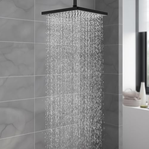 Hibbent cUPC Certified High Pressure 10'' Rain Shower Head, Matte Black | Metal Square Bathroom Waterfall Thickness Shower Heads, High-flow Fixed Rainfall Showerheads, Adjustable Brass Ball Joint - color: Matte Black, style: Square 10''